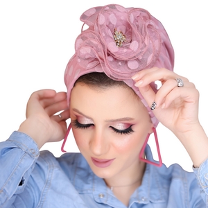 turban flower with a brooch Tulle Material -Smile Turbans - 767