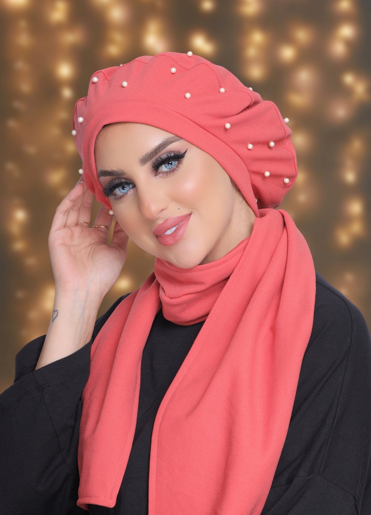 Beret & Scarf pearls crepe material - Smile Turbans - 2029