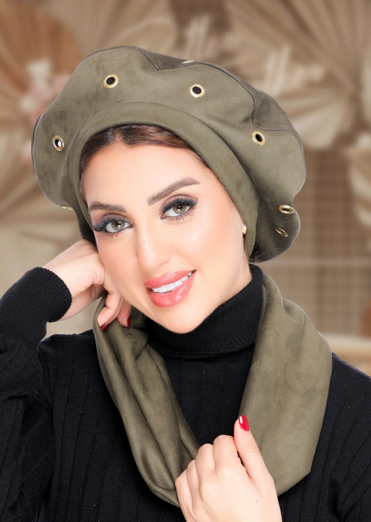 Beret & Scarf t with metallic eyelet details suede - Smile Turbans - 2124